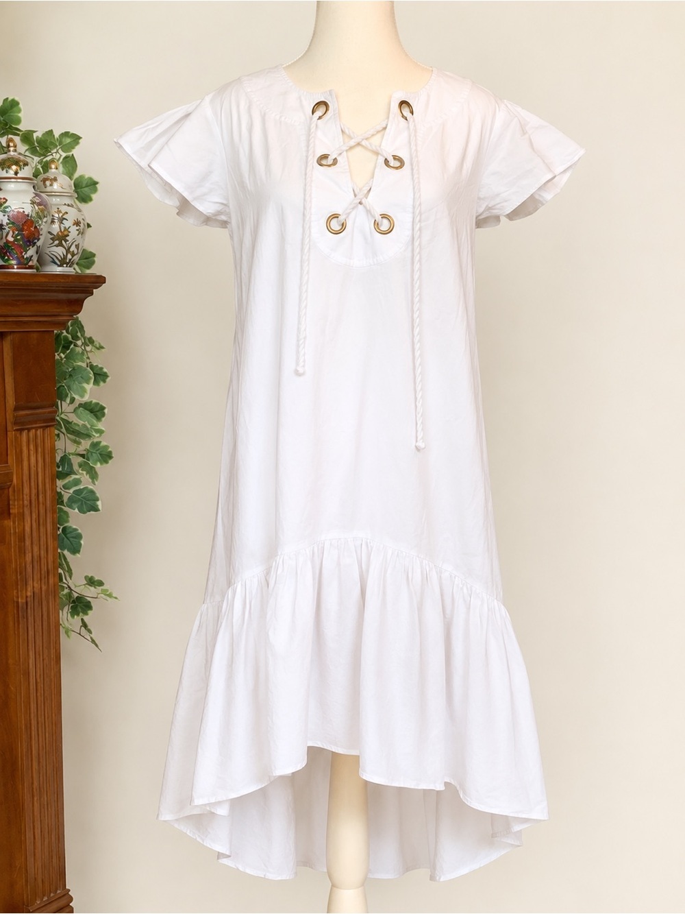 Trina Turk • White Lace-Up Cotton Midi Dress • Flutter Sleeve • Size S